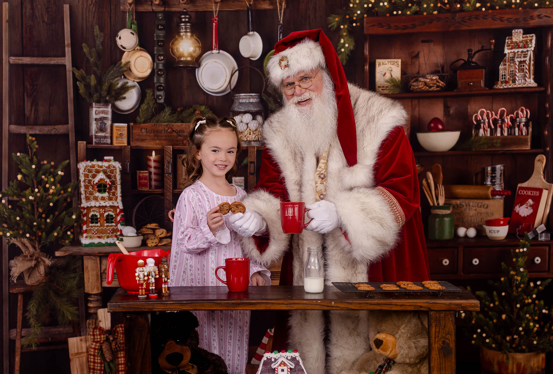 little girl and santa claus making a cookie cheer during a magical santa photo session in palm harbor florida